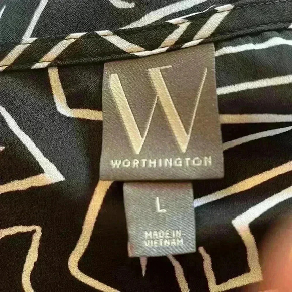 Worthington Black and White Smocked Cuff Long Sleeve V Neck Blouse Size L - Picture 8 of 9